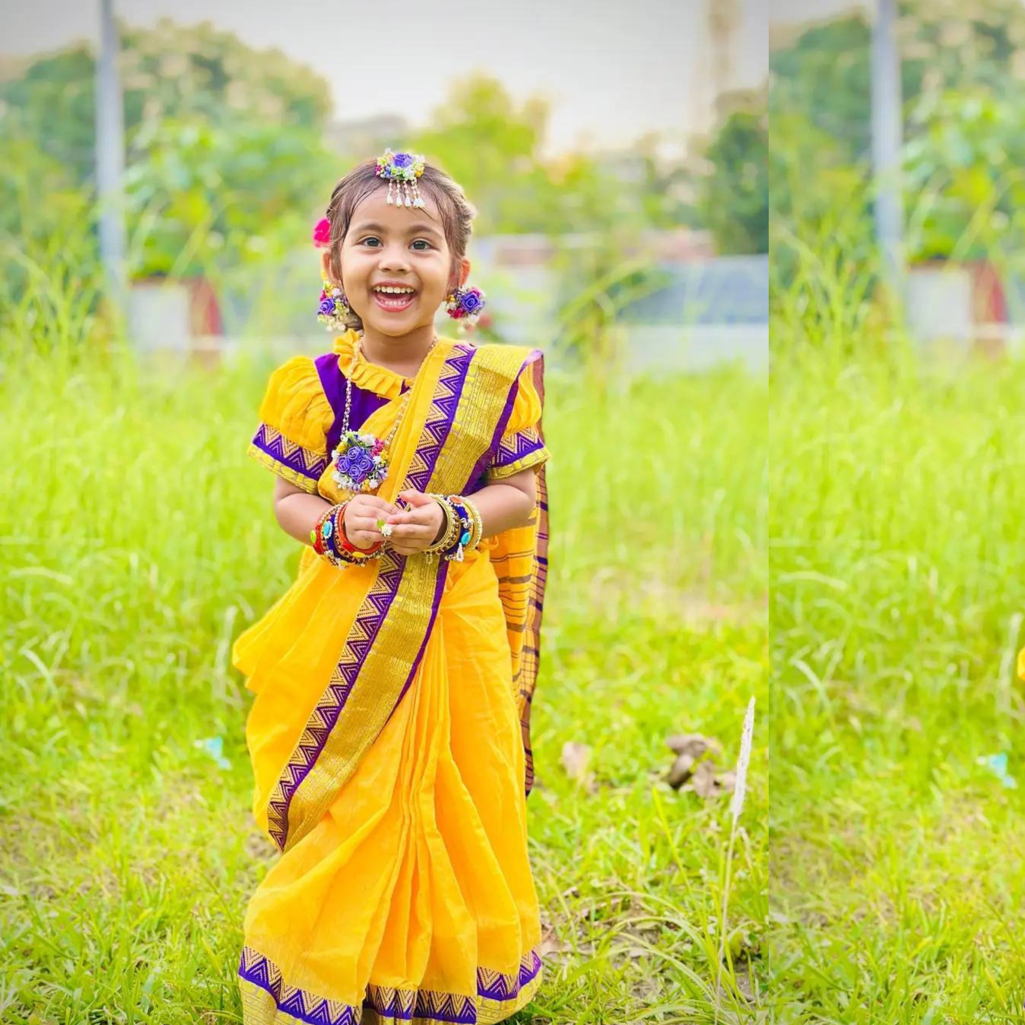 হলুদ ও বেগুনি কালার সুতি বেবি রেডি শাড়ি – ট্র্যাডিশনাল হ্যান্ড প্রিন্ট ডিজাইন (সাইজ ১–১৫ বছর)