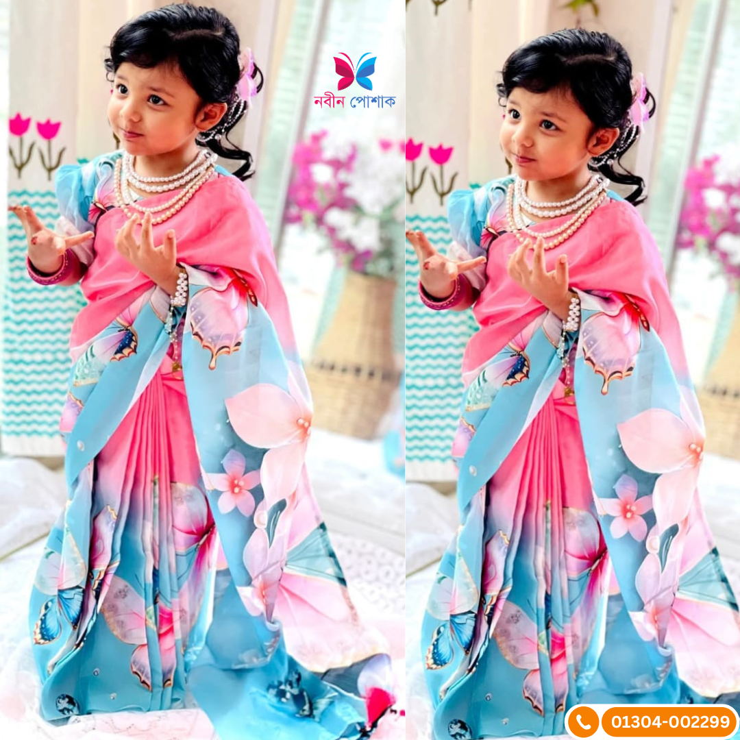 চান্দরী সিল্ক বেবি রেডি শাড়ি – সফট পিঙ্ক ও স্কাই ব্লু ডিজিটাল প্রিন্ট শাড়ি (সাইজ ১–১৫ বছর)