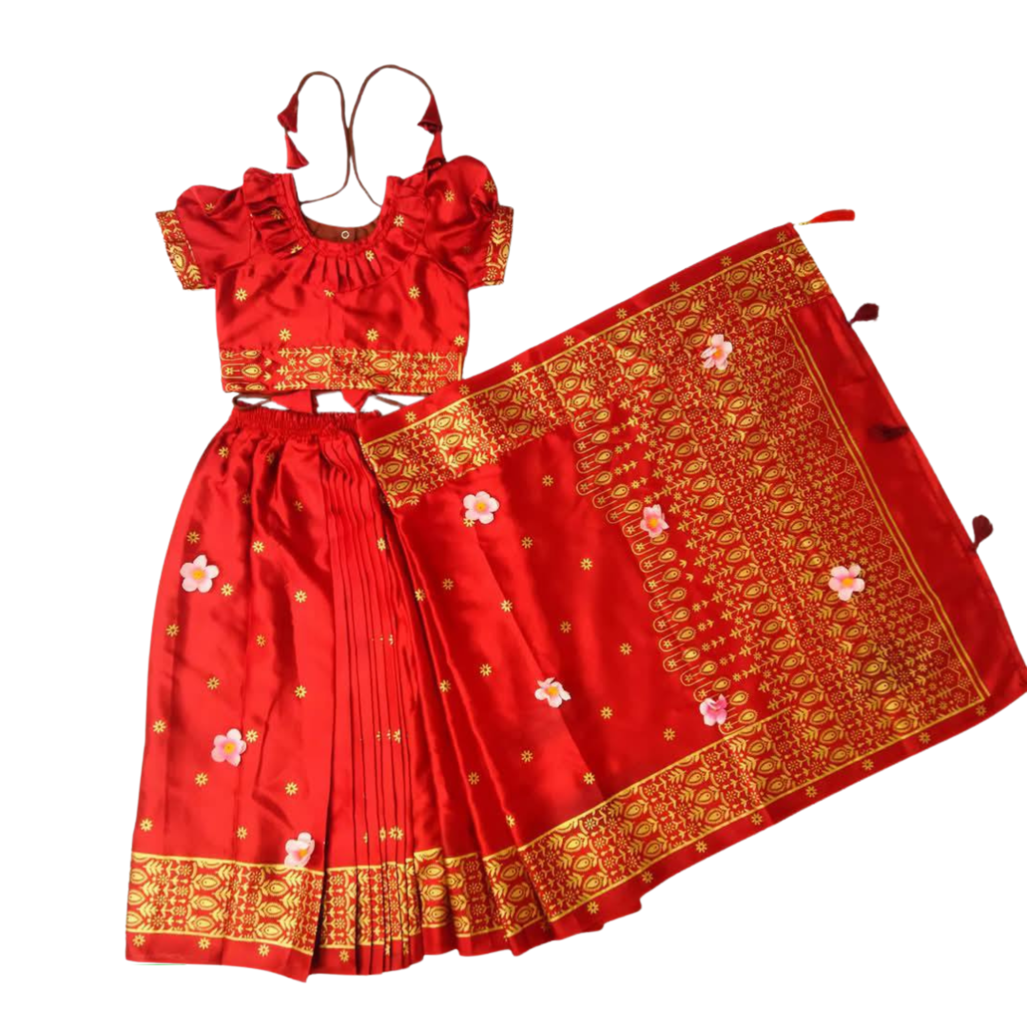 লাল জাপানি সিল্ক ডিজিটাল প্রিন্ট বেবি রেডি শাড়ি | ১-১৫ বছর | রেডি ব্লাউজ ও পেটিকোটসহ