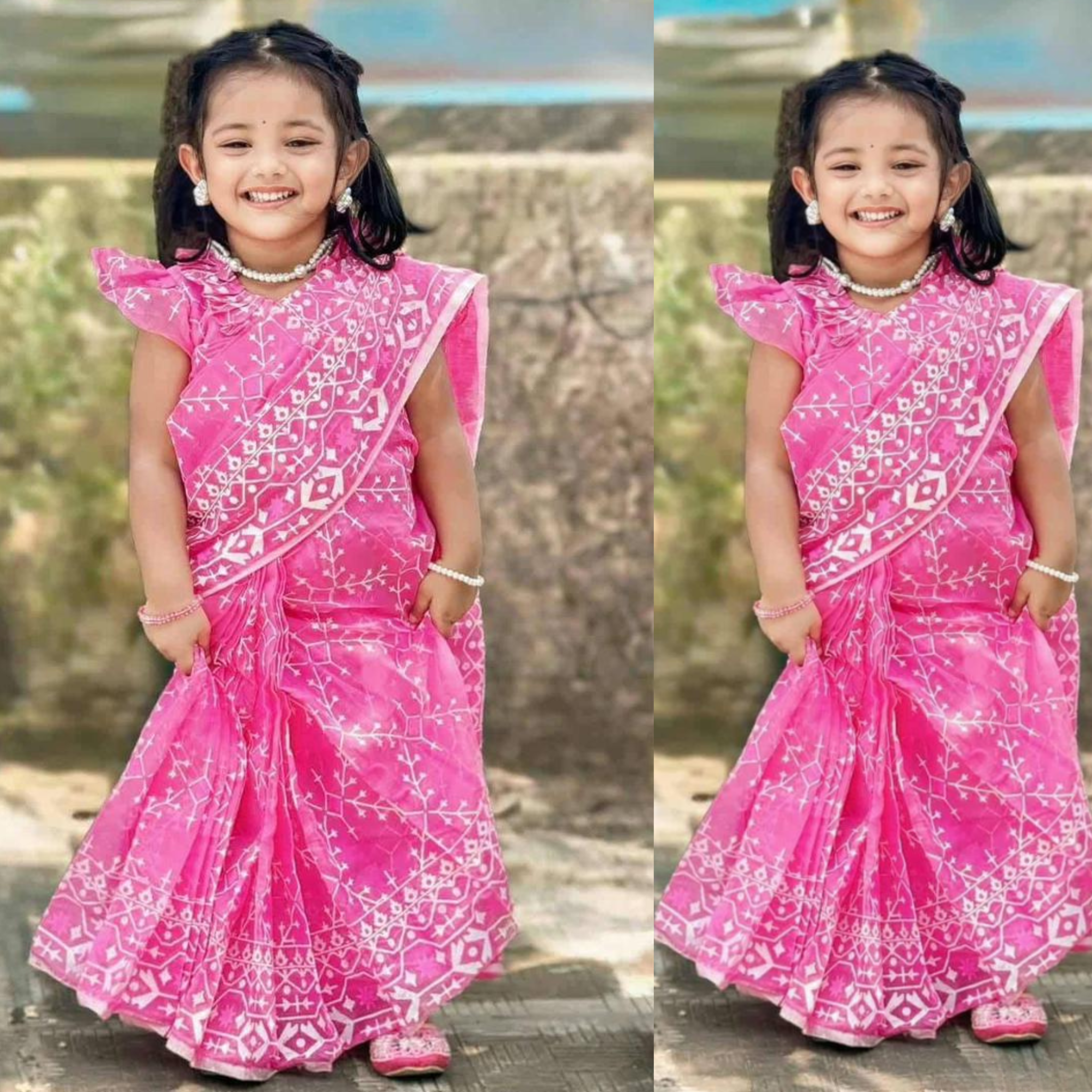 হাফ সিল্ক সুতি হ্যান্ড প্রিন্ট বেবি রেডি শাড়ি