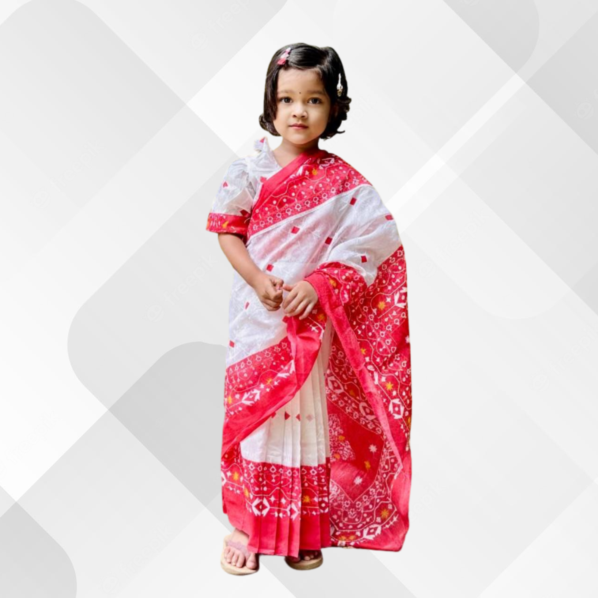 হাফ সিল্ক সুতি হ্যান্ড প্রিন্ট বেবি রেডি শাড়ি