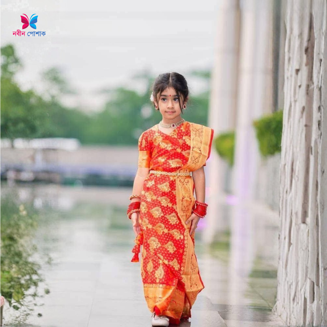 লাল কাতান সুতার কাজ করা বেবি রেডি শাড়ি রেডি ব্লাউজ ও পেটিকোটসহ