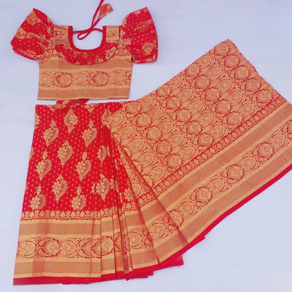 লাল কাতান সুতার কাজ করা বেবি রেডি শাড়ি রেডি ব্লাউজ ও পেটিকোটসহ