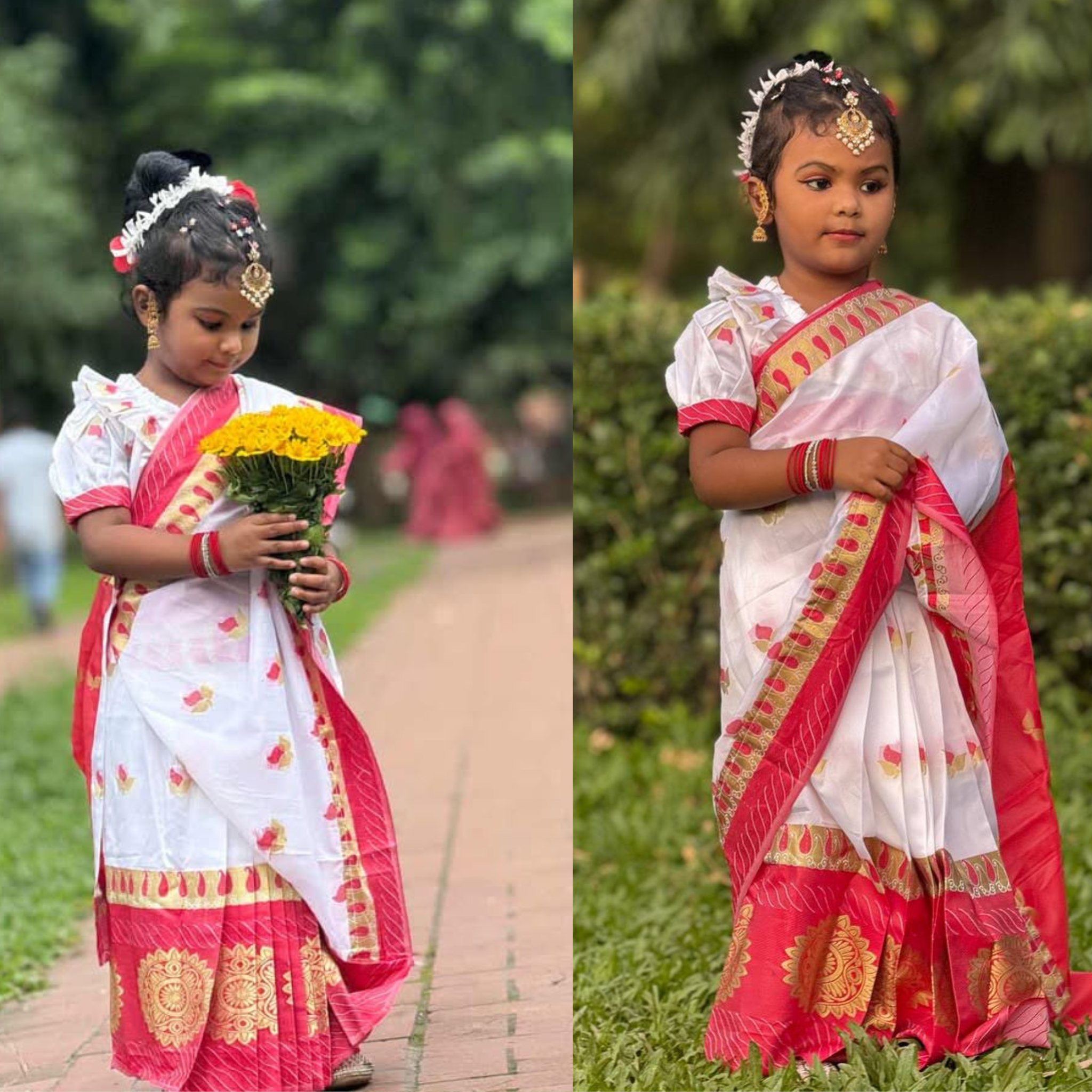 সাদা-বডি লাল আচল কাতান বেবি রেডি শাড়ি | লাল ও গোল্ডেন সুতার কাজসহ | রেডি ব্লাউজ ও পেটিকোট