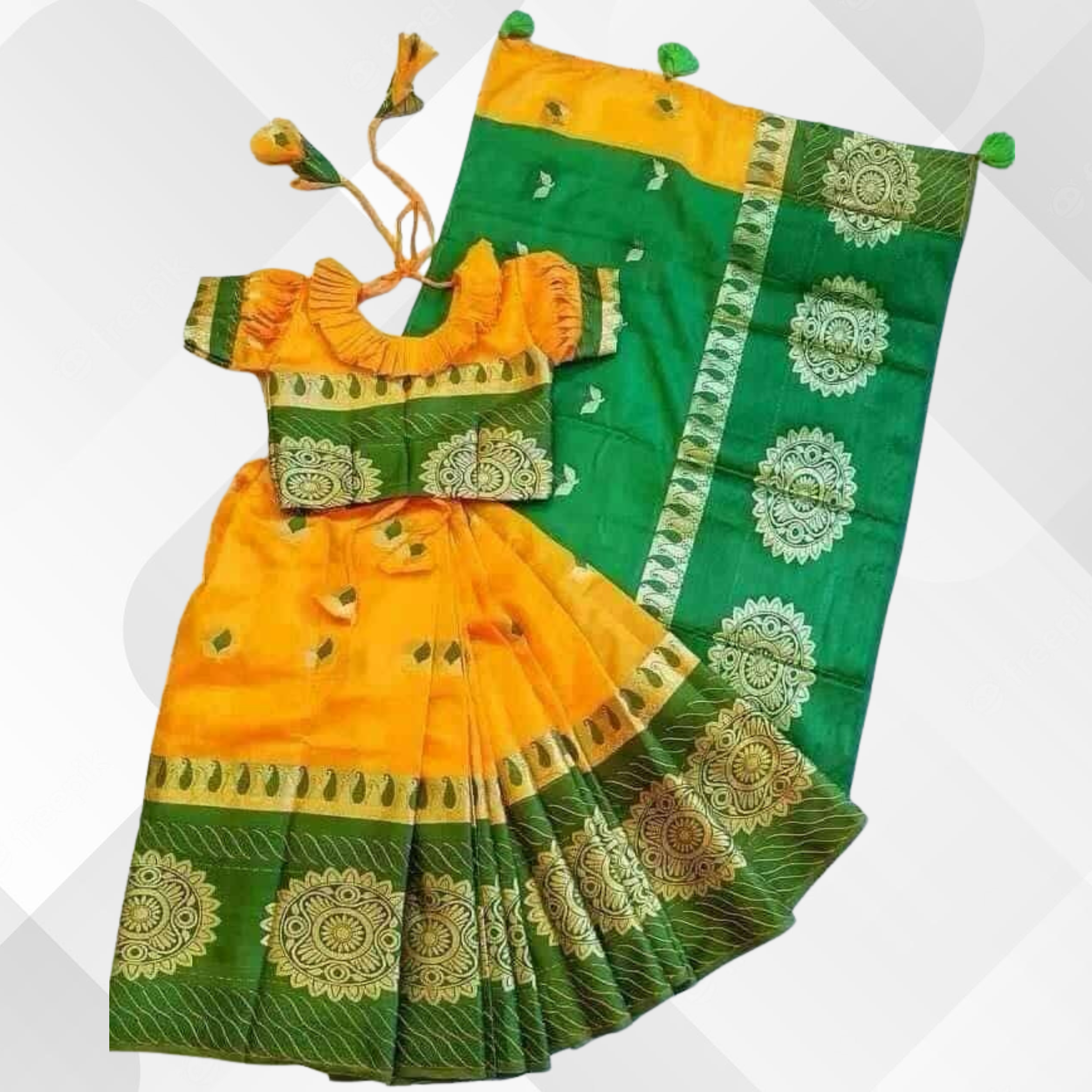 হলুদ-বডি সবুজ পাড় কাতান বেবি রেডি শাড়ি | সবুজ ও গোল্ডেন সুতার কাজ | হাই কোয়ালিটি কাতান |