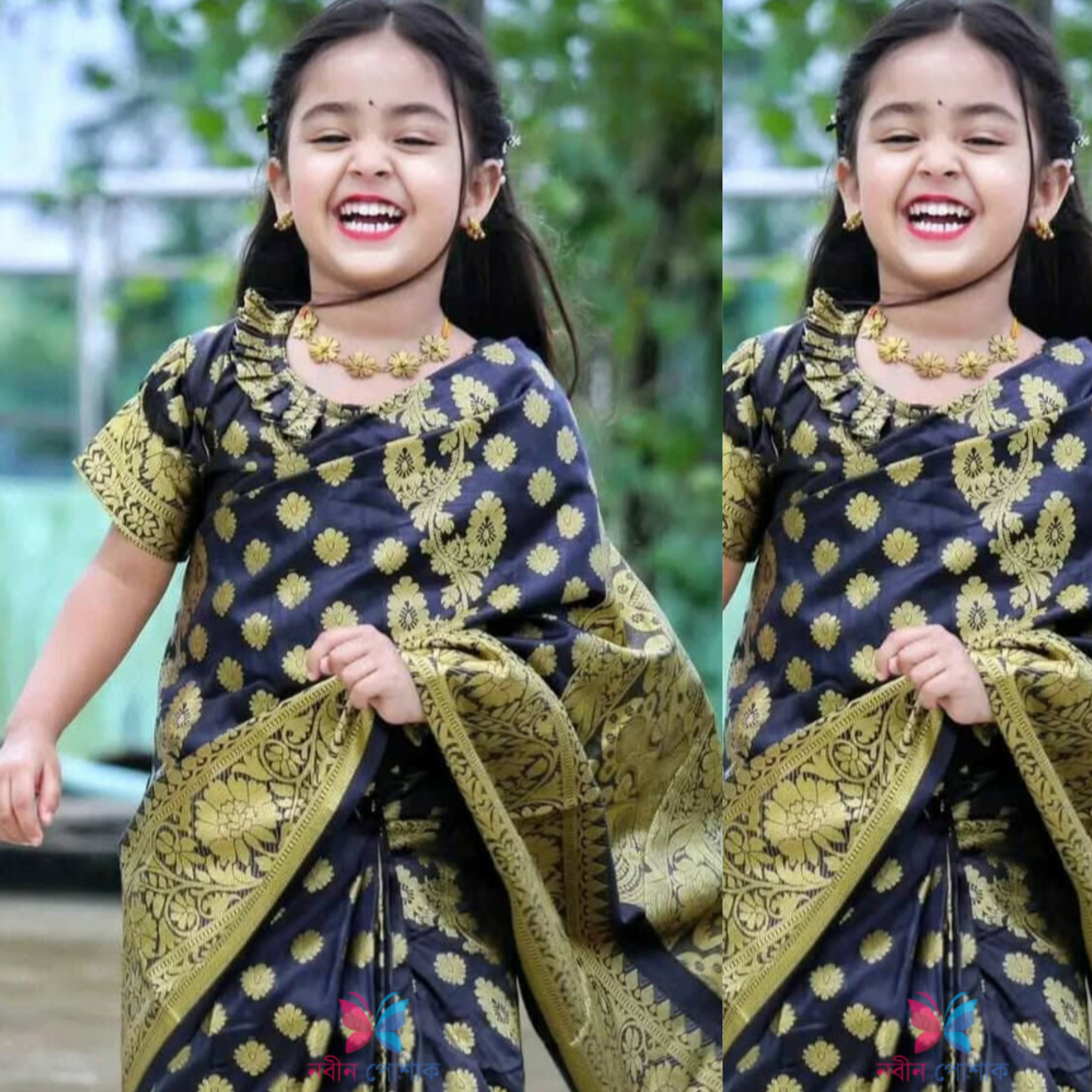 ব্ল্যাক কাতান বেবি রেডি শাড়ি | গোল্ডেন জরি ফুল বডি কাজ | রেডি ব্লাউজ ও পেটিকোটসহ