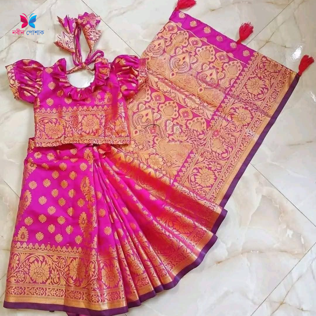 মেজেন্টা কাতান সিল্ক বেবি রেডি শাড়ি – সম্পূর্ণ স্টিচড ব্লাউজ ও পেটিকোটসহ (সাইজ ১–১৫ বছর)