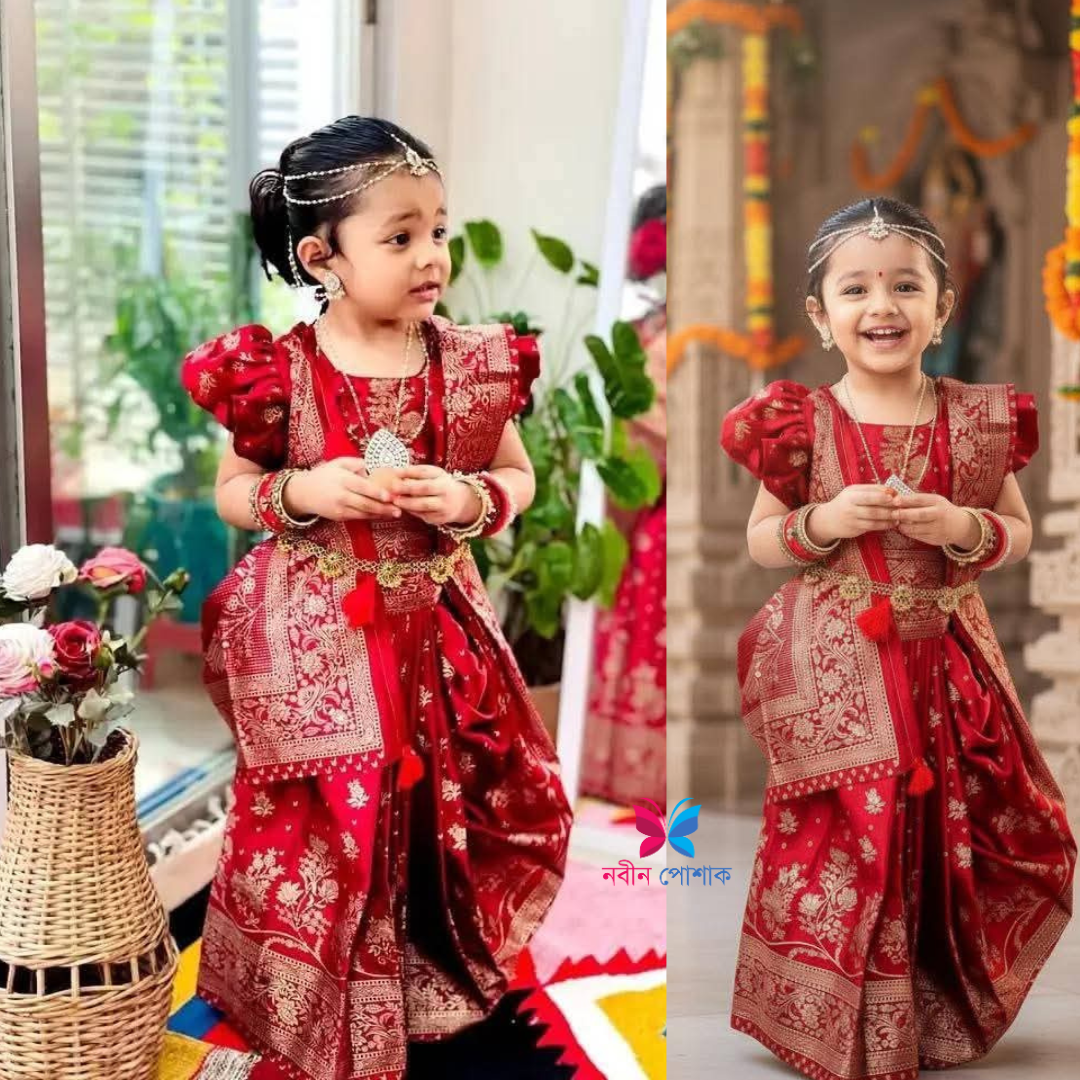 অরিজিনাল জাপানি সিল্ক বেবি রেডি শাড়ি – আপসন প্রিন্টেড রয়্যাল রেড ডিজাইন (সাইজ ১–১৫ বছর)