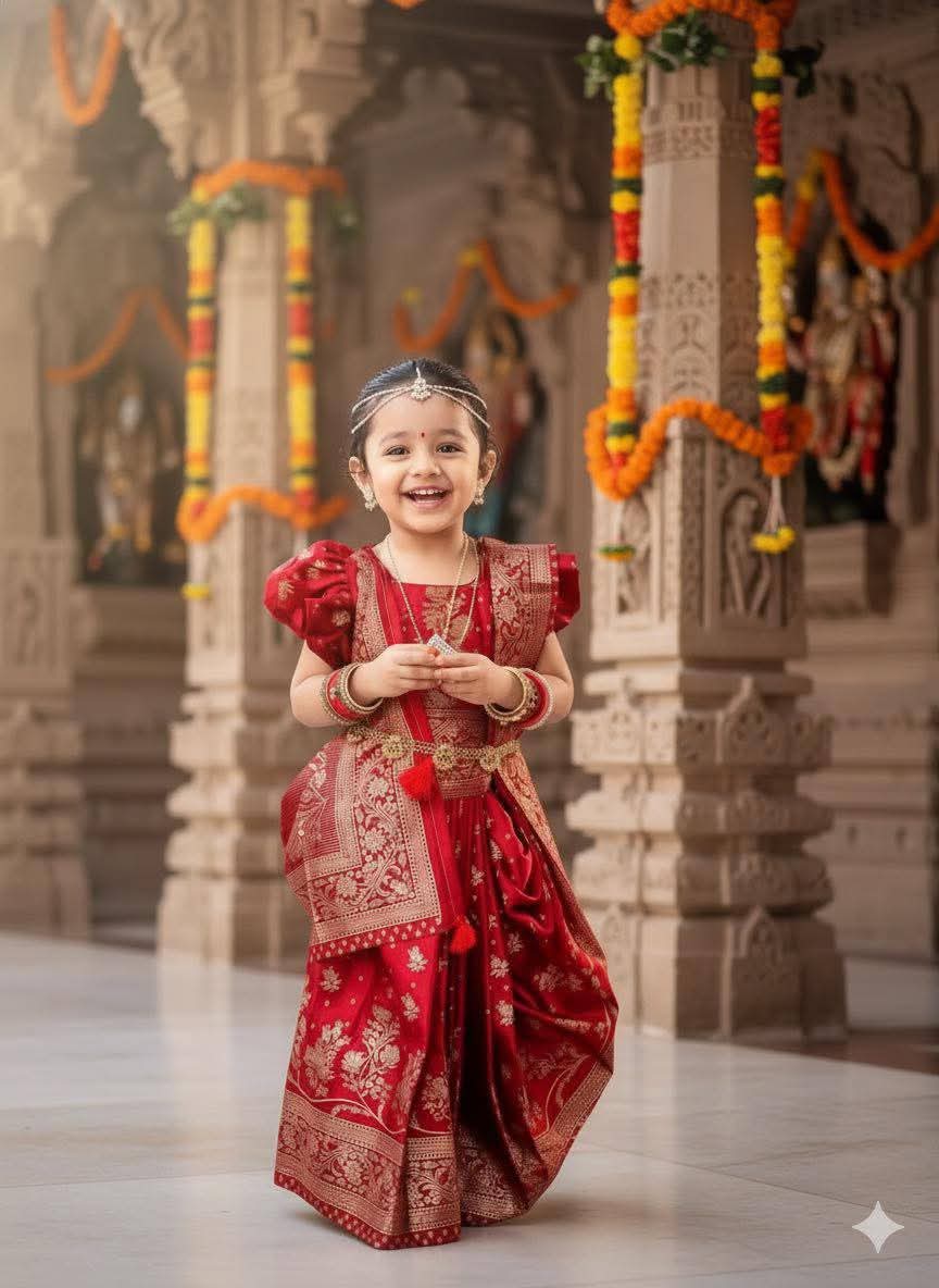 অরিজিনাল জাপানি সিল্ক বেবি রেডি শাড়ি – আপসন প্রিন্টেড রয়্যাল রেড ডিজাইন (সাইজ ১–১৫ বছর)