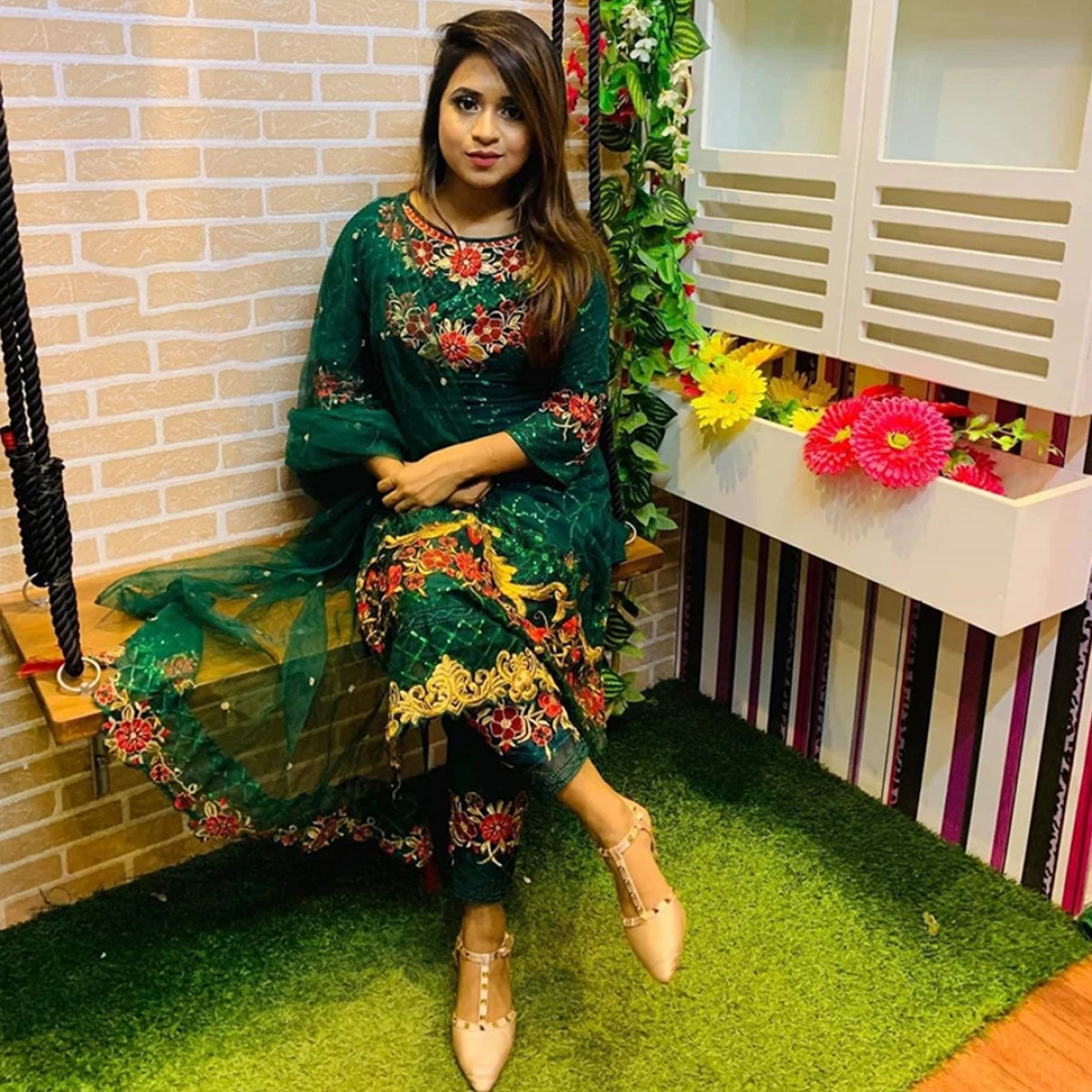 Georgette Semi Stitched Salwar Suit AR-30-Green-Red