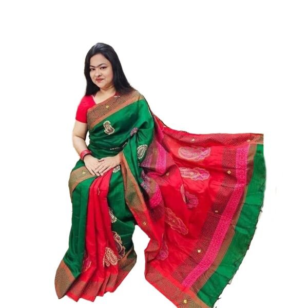 মাল্টি কালার ধুপিয়ান সিল্ক শাড়ি উইথ ব্লক এন্ড ডলার ওয়ার্ক