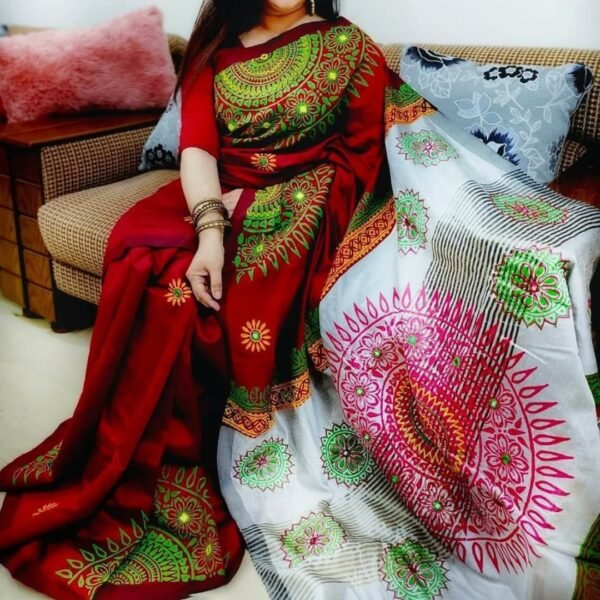 ডলার এন্ড ব্লক প্রিন্টেড মাল্টি কালার ধুপিয়ান সিল্ক শাড়ি
