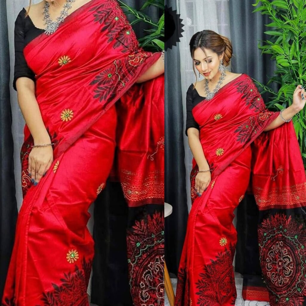 আকর্ষণীয় শেড ডলার এন্ড ব্লক প্রিন্টেড ধুপিয়ান সিল্ক শাড়ি