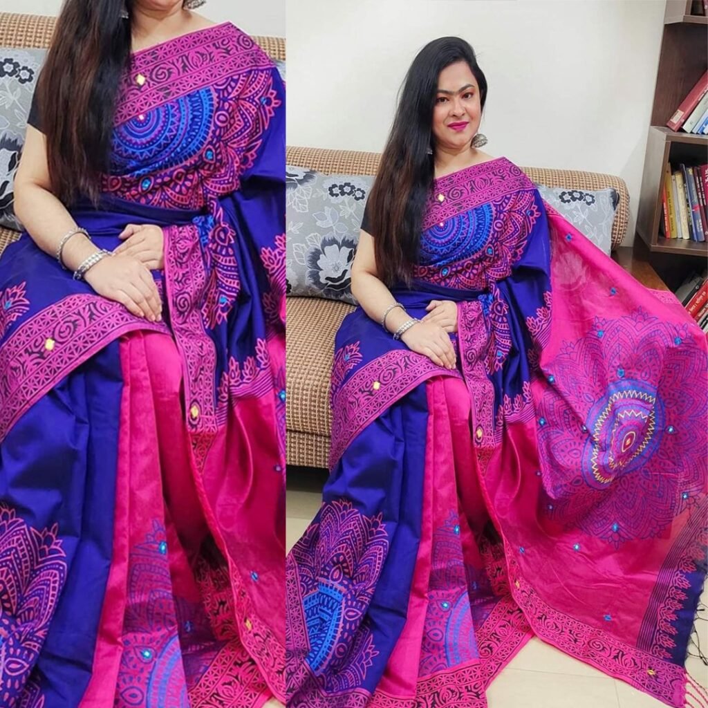 মাল্টি কালার ধুপিয়ান সিল্ক শাড়ি উইথ ব্লক এন্ড ডলার ওয়ার্ক